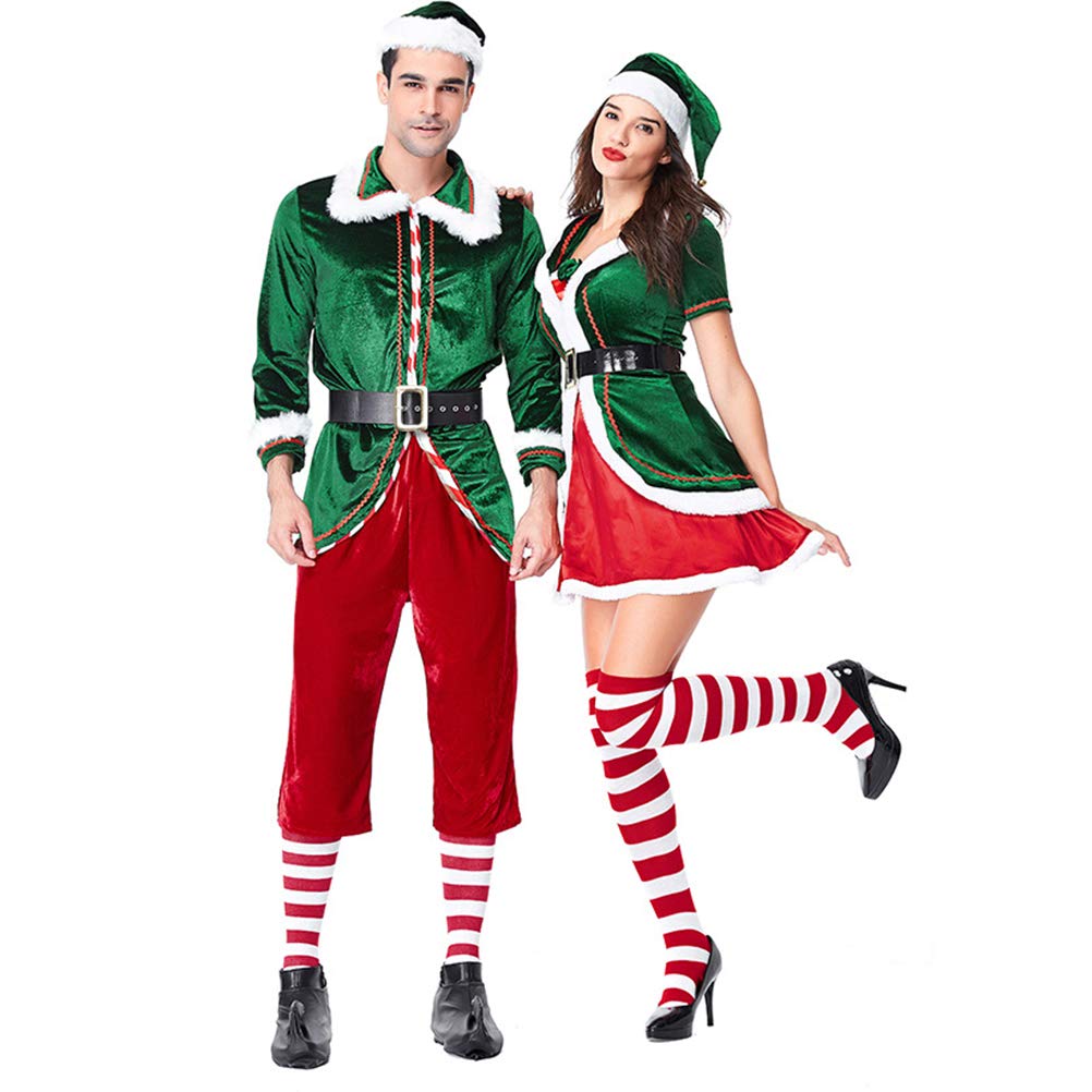 Conjunto de Disfraz de Elfo Navideño Lujoso Kit de Cosplay para Adultos de para Parejas Navidad Halloween Año Nuevo Poliéster Verde