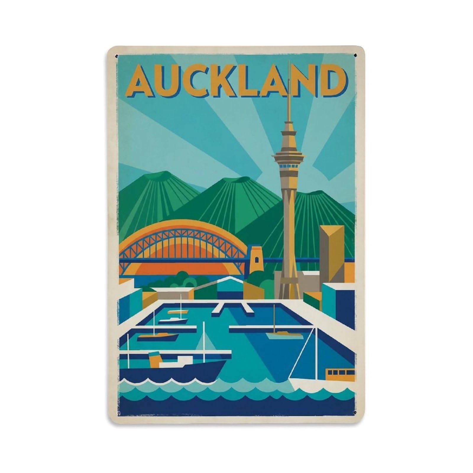 Vintage Travel New Zealand Auckland Metal Tin Sign