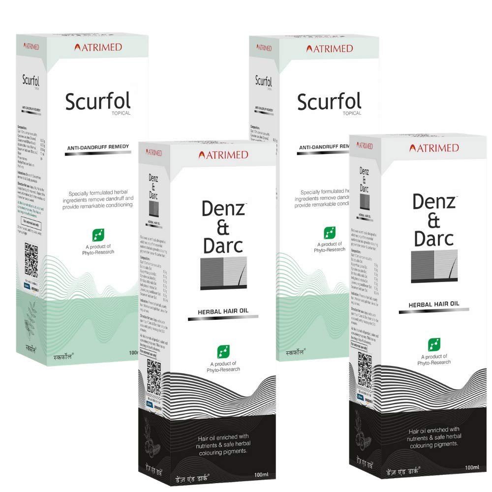 Atrimed Denz & Darc hair oil & Scurfol anti-dandruff shampoo, Pack of 4
