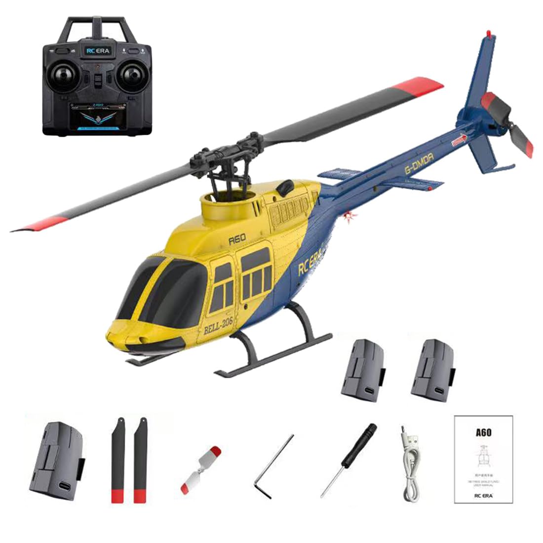 RC ERA A60 Bell 206 RC Helicopter for Adults, 1/42 Scale Single Rotor Flapless RC Helicopter, 6G 6CH Remote Control Aircraft Model with Altitude Hold & One-Key Takeoff Landing (RTF/3Battery)