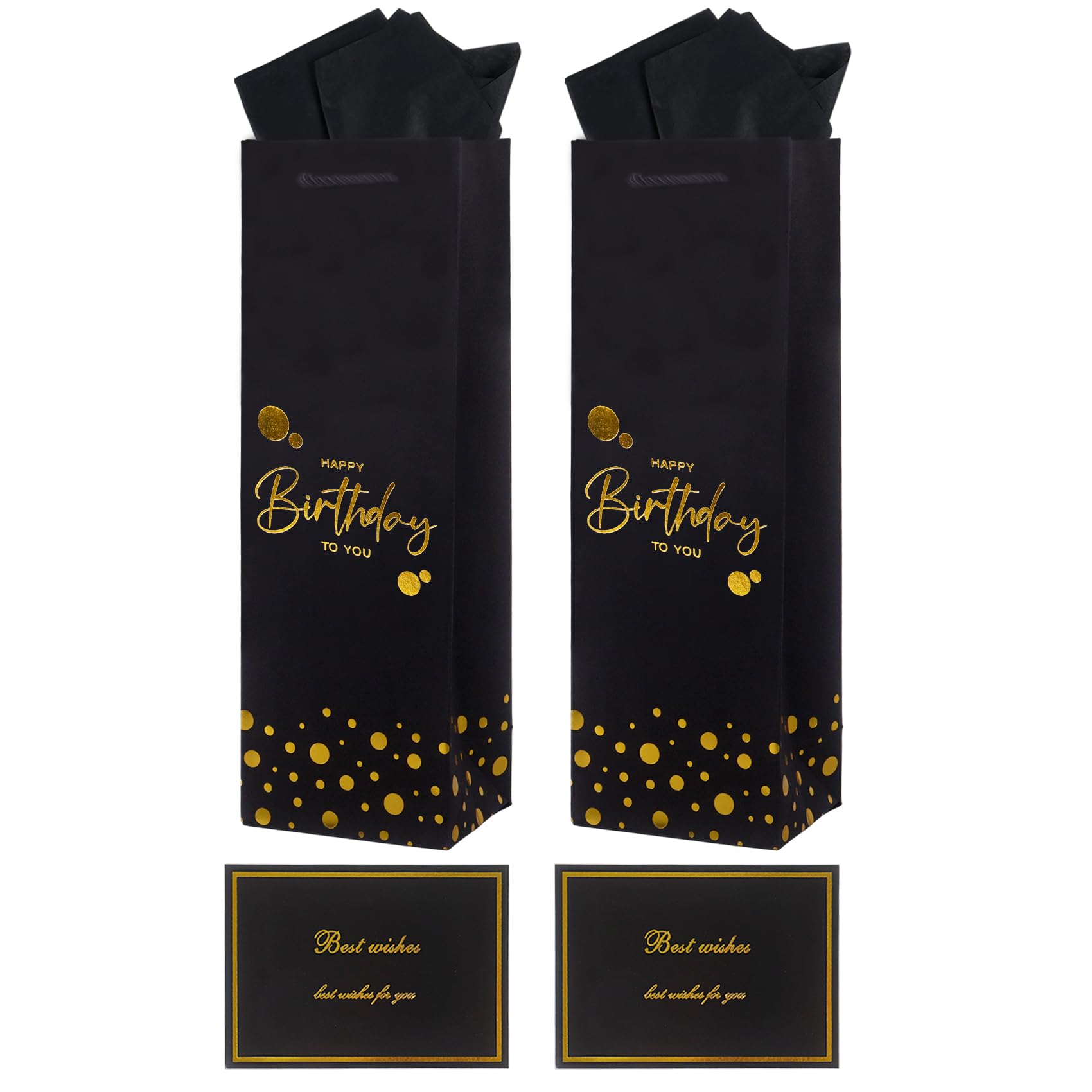 2Pcs Birthday Wine Gift Bags with Tissue Paper & Gift Cards, 36× 12× 9 cm Happy Birthday Design Black Bottle Bag
