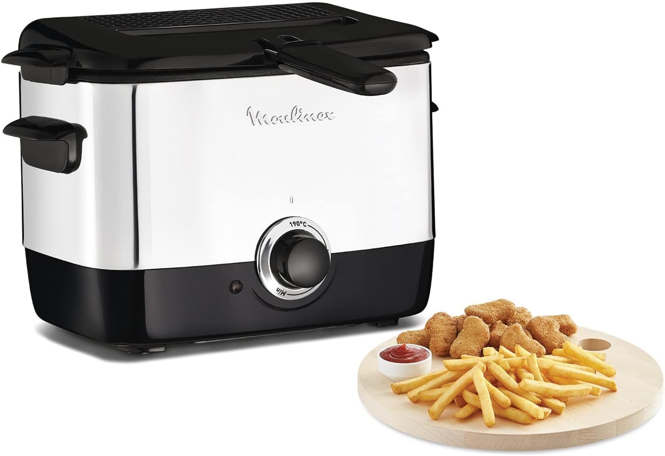 Moulinex AF220010 Freidora, Capacidad 1 l de Aceite, para Unos 600 gr de Comida, Acero Inoxidable, Bol Antiadherente, Filtro Metálico Incluido, Termostato Ajustable, Plástico, Negro, Plateado