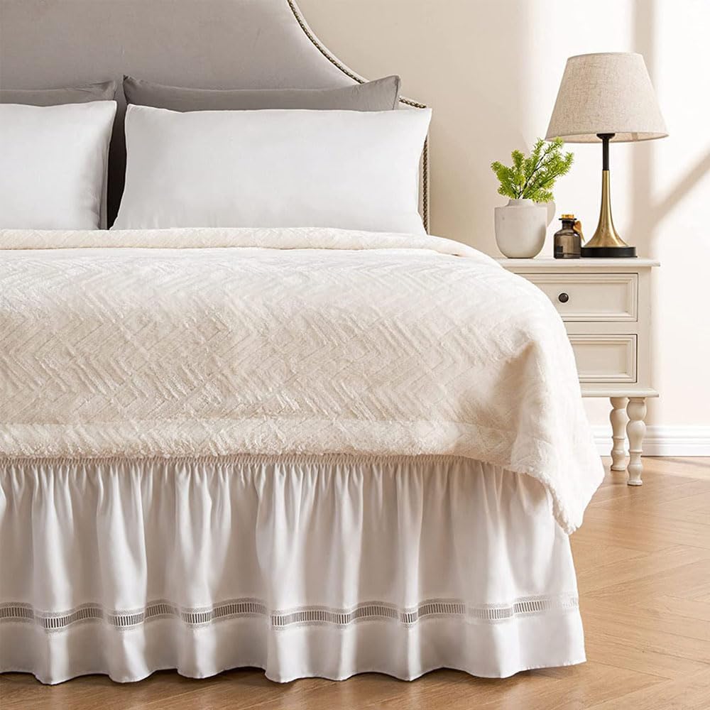 Tongcan Elastic Ruffled Lace White Bed Skirt King Size Dust
