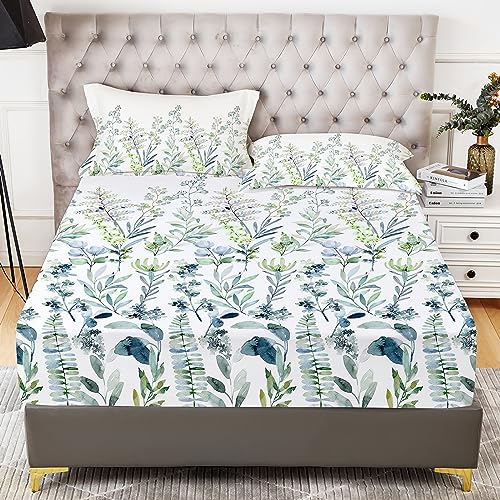 YIYEA Spannbettlaken mit Kissenbezug – Pflanzendruck – Premium 1800 Fadenzahl gebürstete Mikrofaser-Spannbetttuch in voller Größe – 40,6 cm tiefe Tasche, ultraweich, schrumpffrei und lichtbeständig