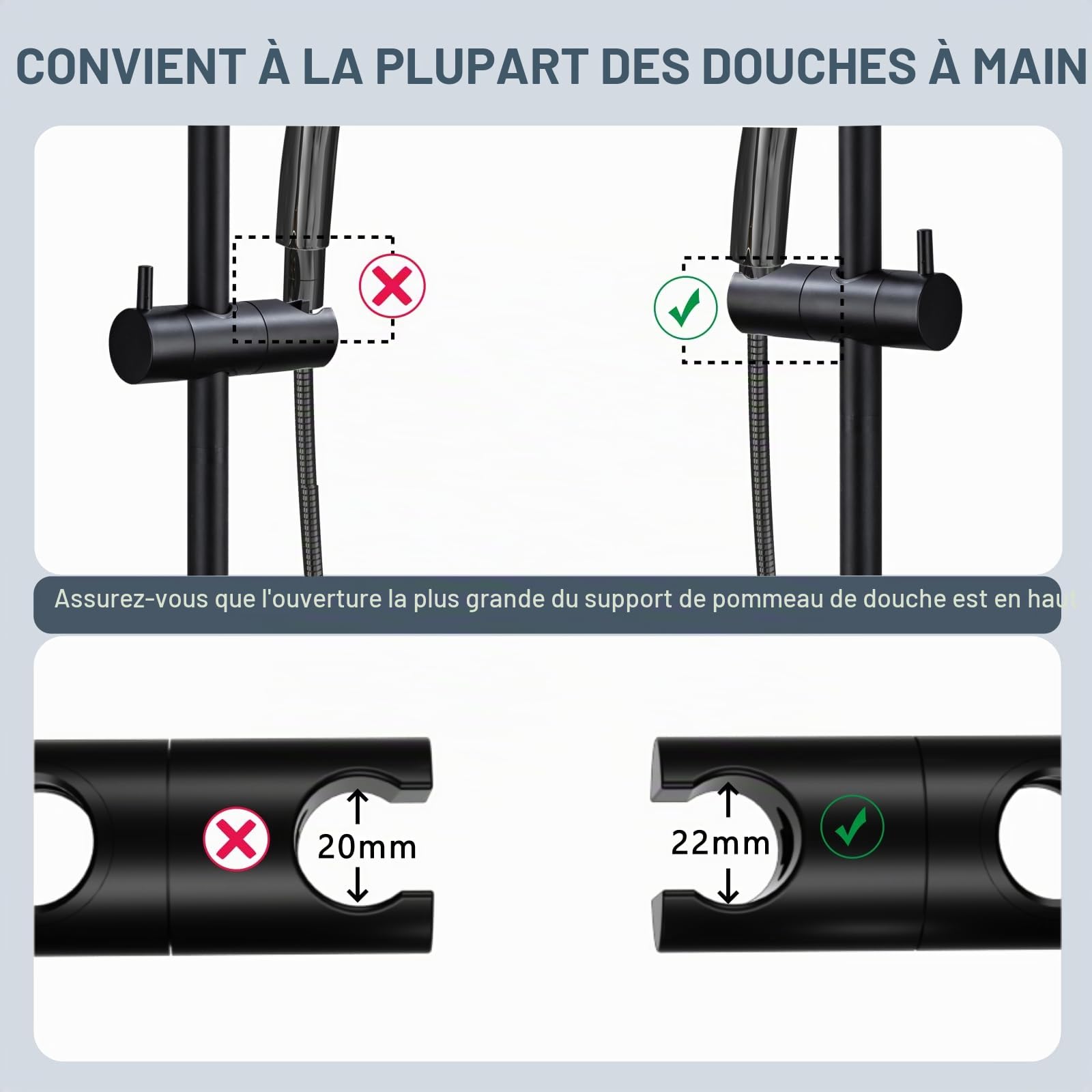 Barre de Douche 90cm en Acier Inoxydable, Support de Pommeau Réglable à 360°, Fixations Murales Variables pour S'adapter aux Trous Existants, Noir