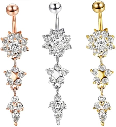 Vista 2 de Anillo de ombligo de acero inoxidable Anillo de ombligo de flor de diamantes de imitación Anillo Piercing Joyería, Acero inoxidable, mármol
