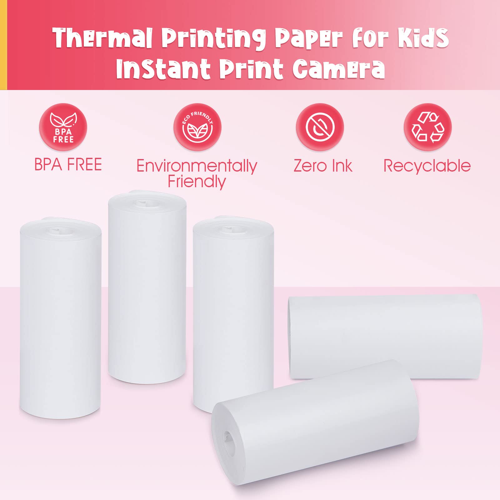 5 Rouleaux Papier Thermique Pour Appareil Photo Enfant – Format 4x2,2 Pouces, Sans Encre – Recharge Pour Impression Instantanée