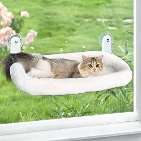 Poleiro de janela para gatos, rede sem fio, assento de janela com almofada aconchegante para gatos internos, cama de animal de estimação com suporte de armação de metal durável com 4 ventosas