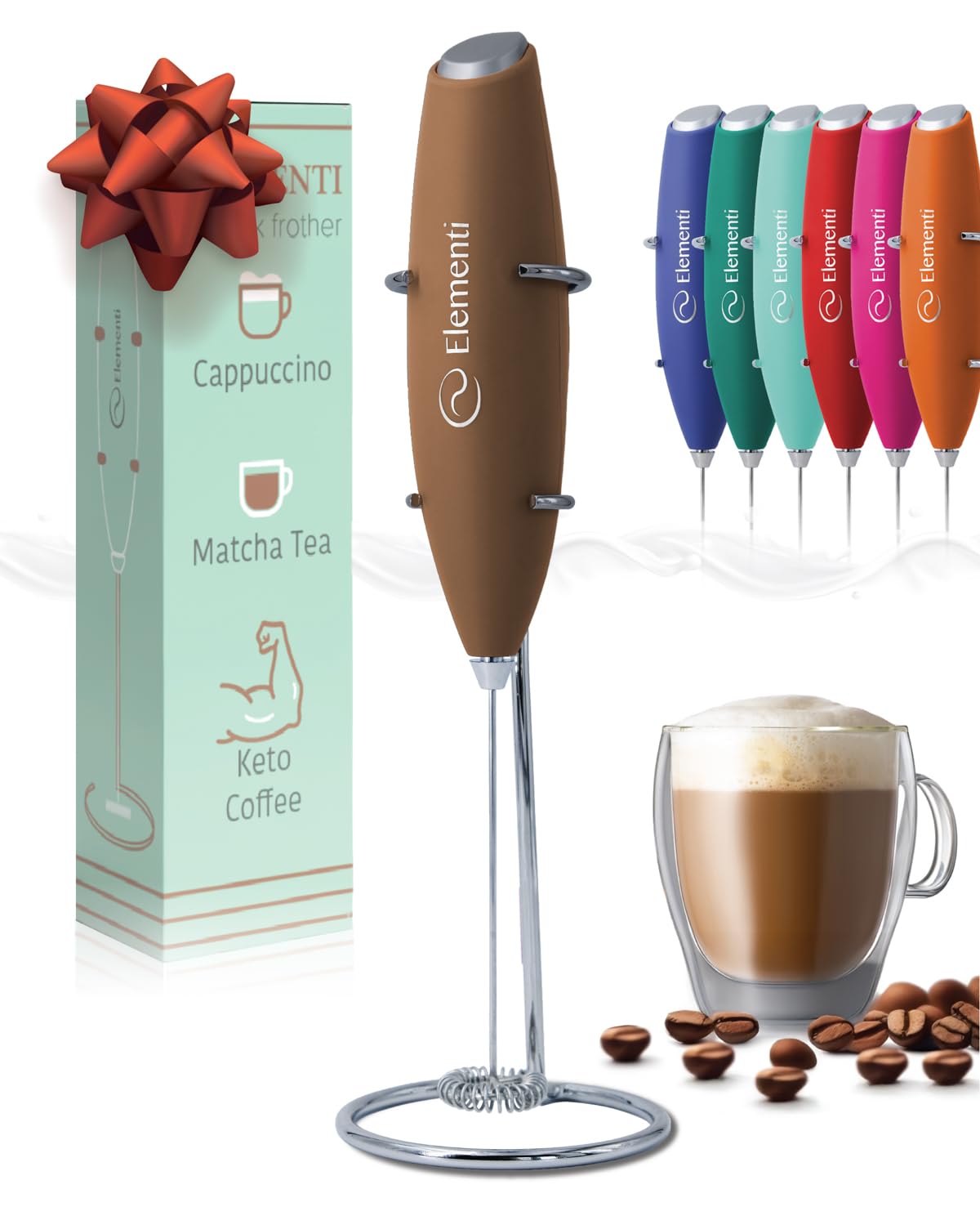 Elementi Coffee Mixer Wand &amp; Drink Mixer with Stand - Powerful Coffee Frother Handheld Milk Frother Wand - Hand Held Milk Foamer to Make Perfect Cappuccinos, Lattes &amp; Drink Mixes at Home (Mocha)