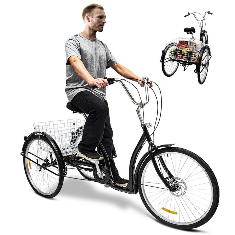 26 Inch Tricycle for Adults 6 Speed 3-Wheel Bike with Basket Adjustable Adult Trike Bike Adult Tricycle Cargo Trike Cruise Trike Elderly Bicycle for Shopping Picnic Beach Cycling Pedalling (Black)