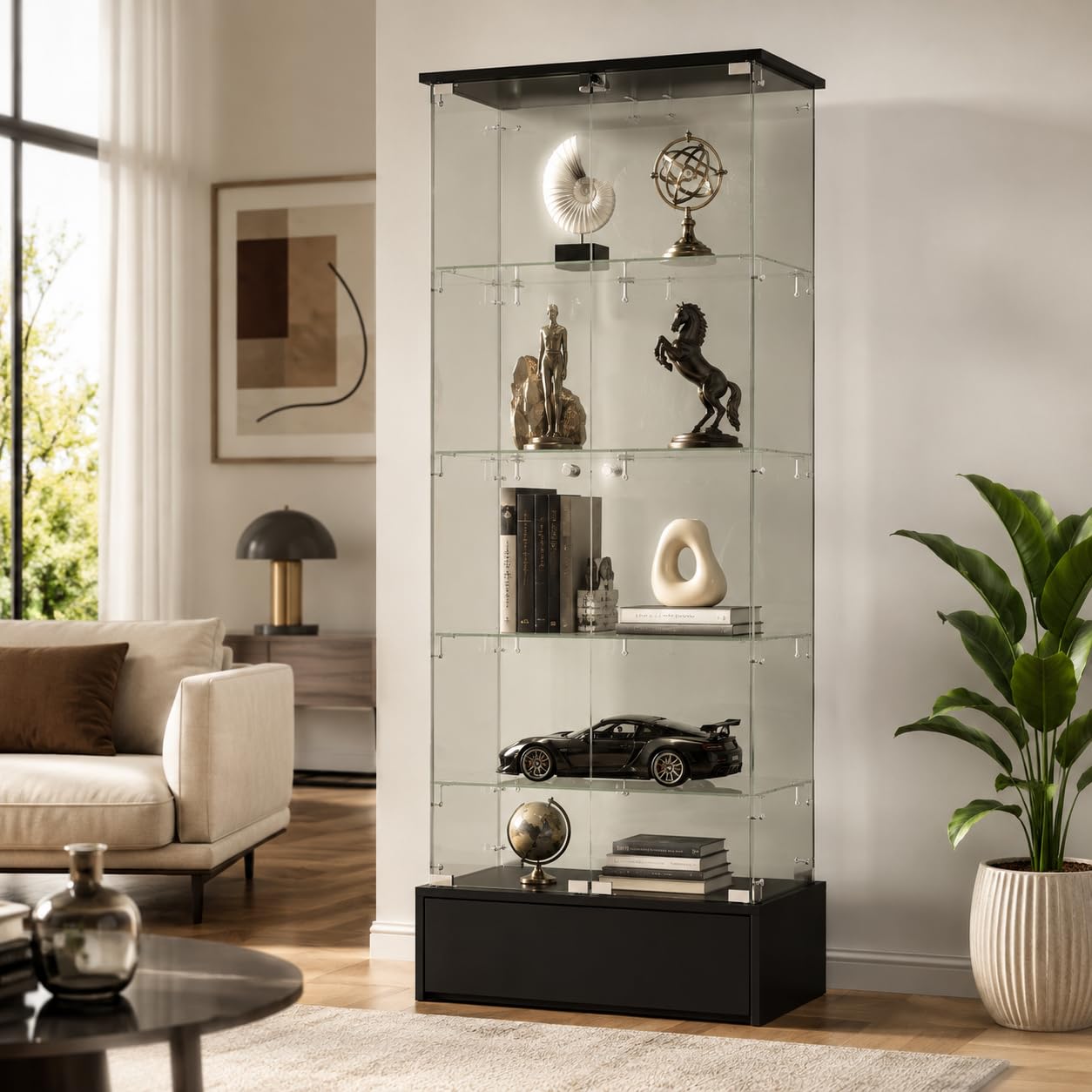 Vitrina de Cristal con Cajón Inferior, 4 Niveles, Estantes de Vidrio y Marco Negro, 69,9 x 35,3 x 179,8 cm, para Coleccionables, Figuras y Decoración