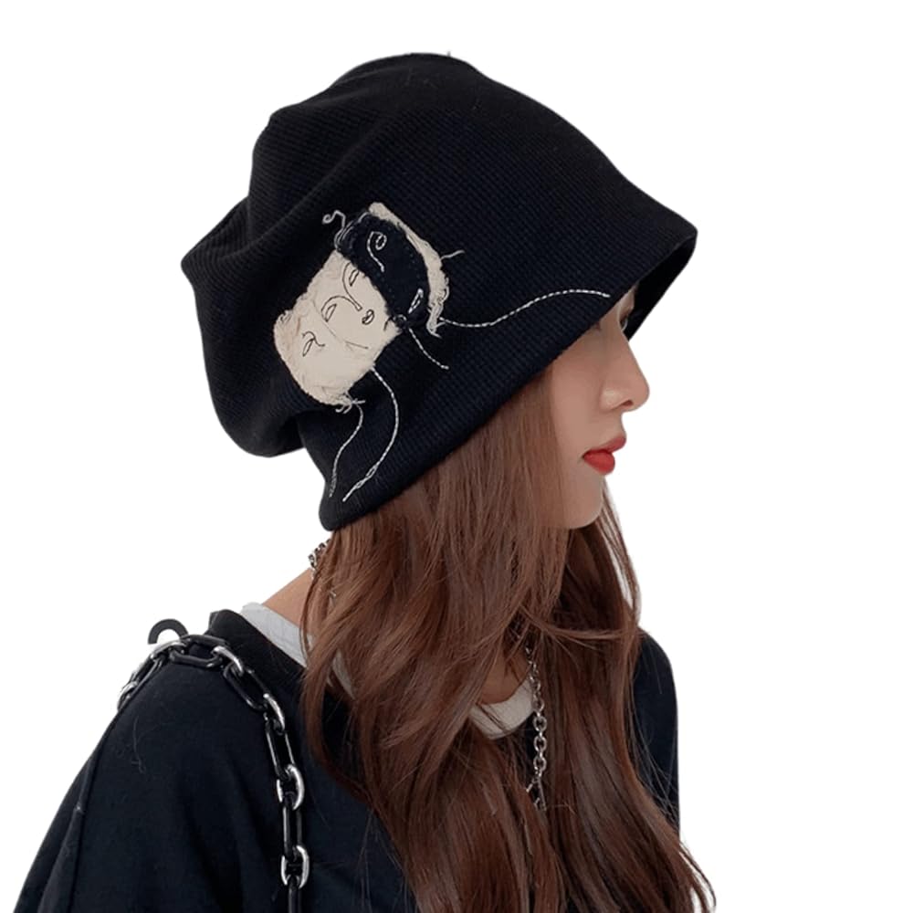 Women Winter Y2K Face Graphic Beanie Hat, Vintage Skully