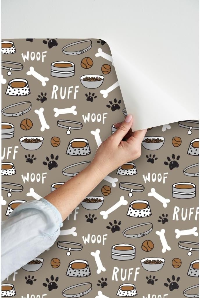 Spoonflower Peel & Stick Wallpaper 3ft x 2ft - Dog Bone Paw Print Cute Pet Illustration Pets Dogs Breeds Food Animal Custom Removable Wallpaper
