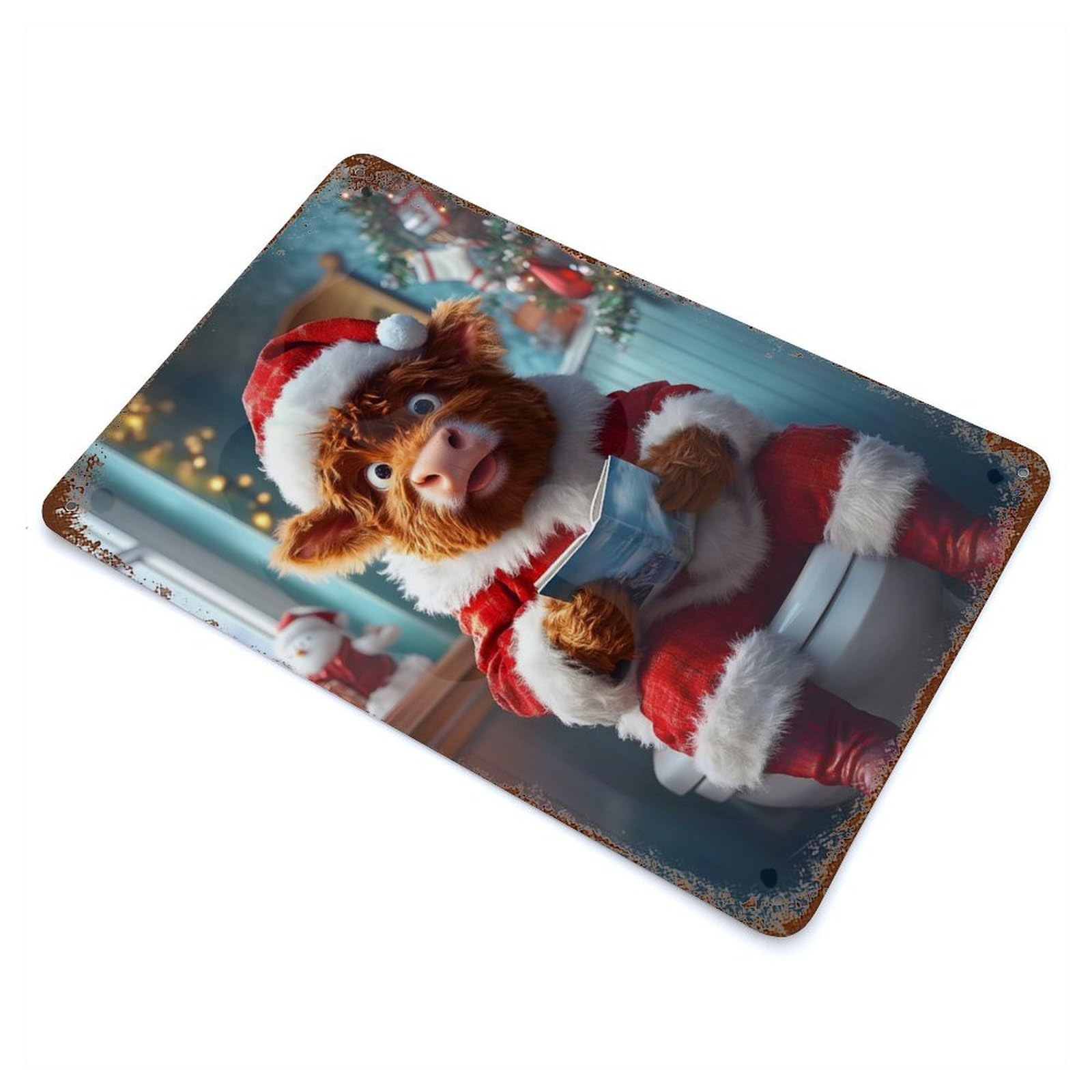 Weathered Tin Sign with Highland Cow Santa Toilet Design 11.8"x7.9", for Basement, Hobby Room And Garage Decor, Industrial Home Decor