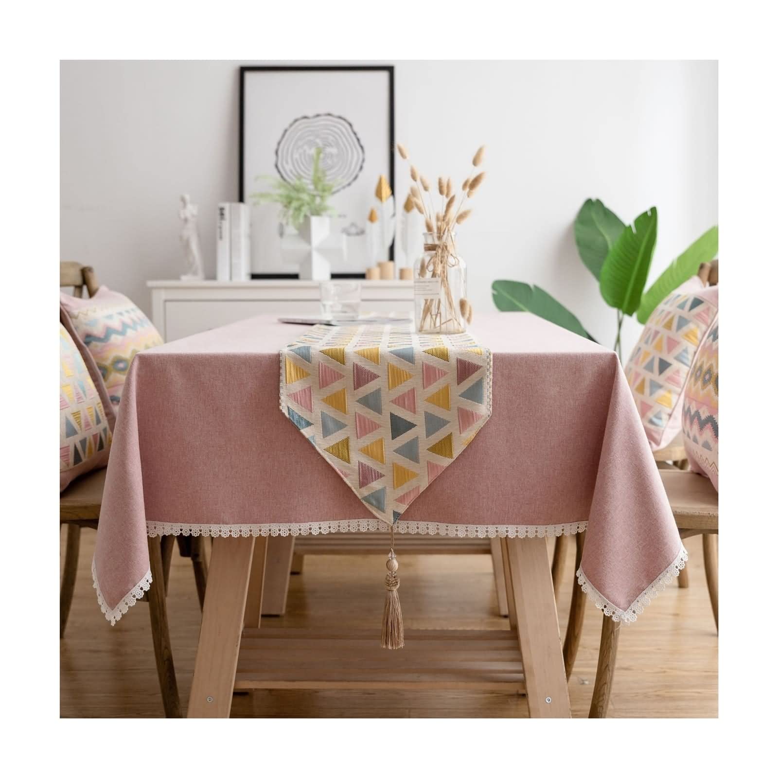 Tischläufer Natur, Tischdecke Weihnachten aus Polyester Jacquard Dreieck Rosa 32x220CM für Partys Abendessen