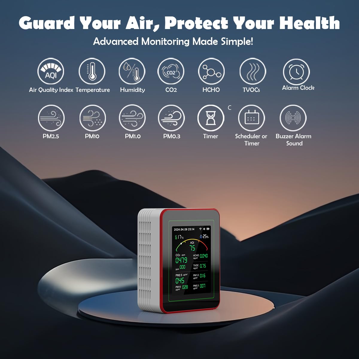 Moniteur de Qualité de l'Air 15-en-1 avec Application Smartphone – Capteur CO₂, Mesure PM2.5/PM10, VOC, HCHO, Analyseur de Qualité de l’Air Intérieur avec AQI en Temps Réel pour la Maison