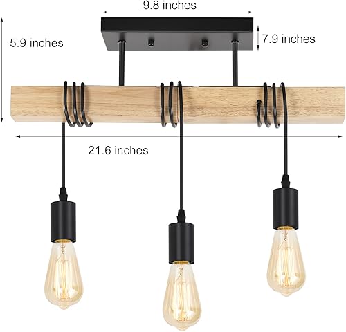 Miniatura 2 de Lámpara de techo vintage de madera, juego de 2 luces de techo semiempotradas, lámpara de techo de 3 luces para pasillo, dormitorio, entrada, granja,