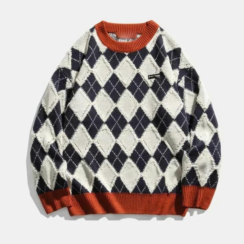 Pull d'hiver chaud et épais en tricot style coréen à carreaux homme - 3
