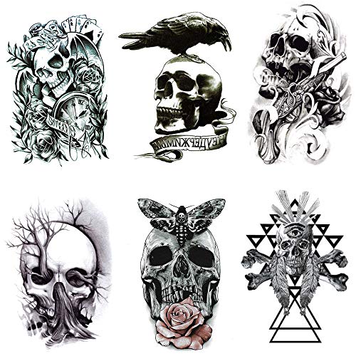 Yesallwas Skull Temporary Tattoo for men,Teens Guys,kids boys (6 Sheets), Waterproof long lasting