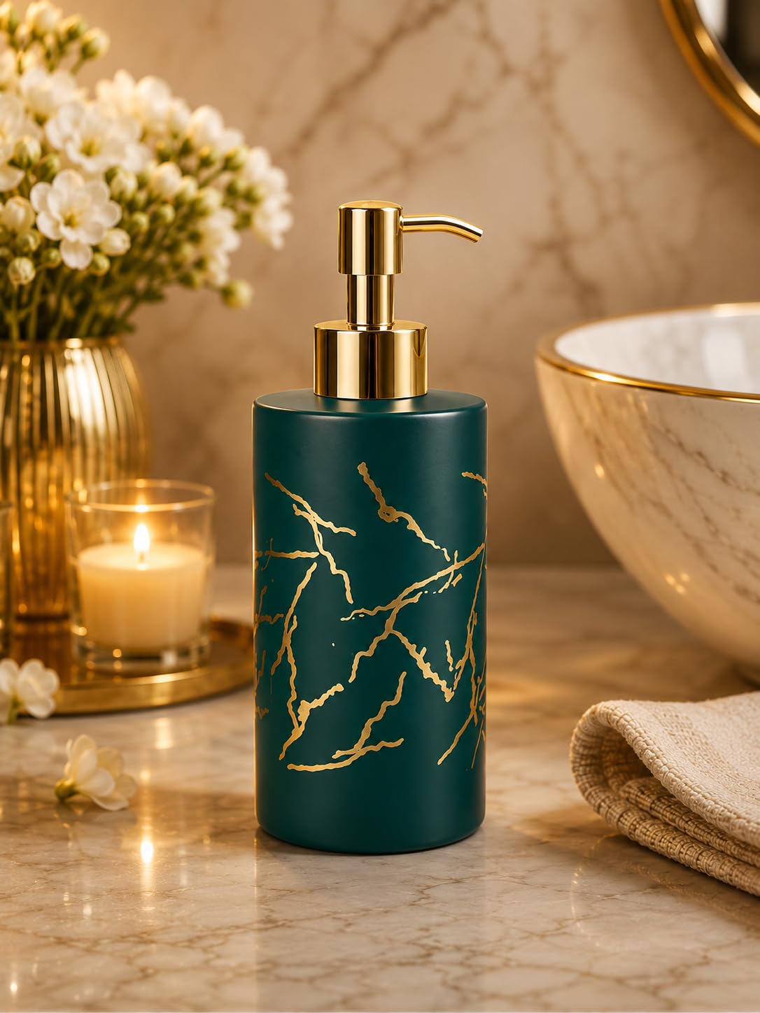 Ceramic Soap Dispenser with Gold Pump,Green Marble Design | Refillable Bottle, For Bathroom & Kitchen, Lotion & Shampoo Use, Liquid Hand Wash, Sanitiser Compatible-image-36