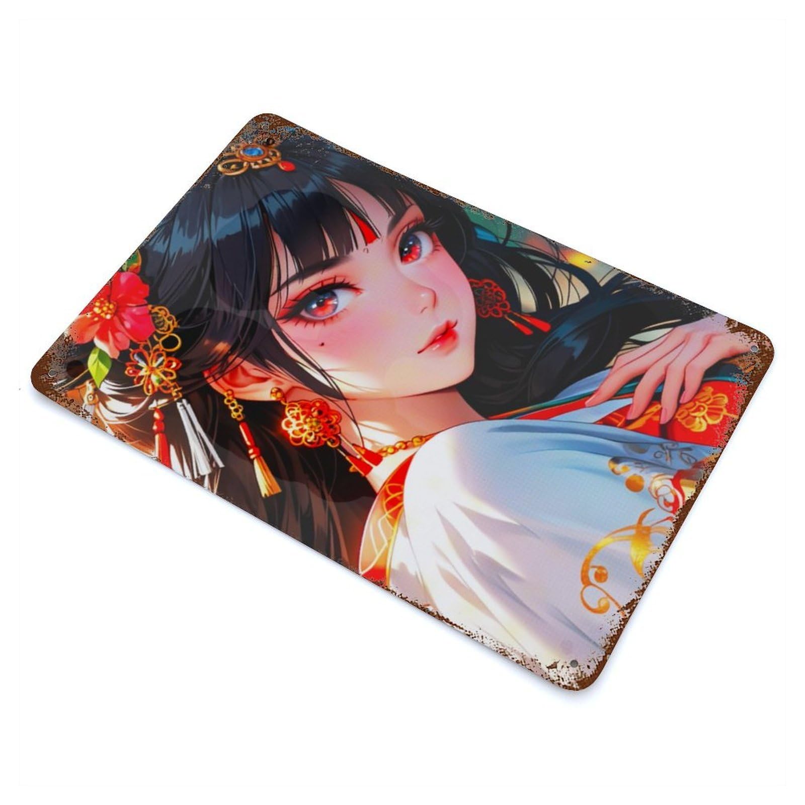 Anime Girl in Traditional Aged Metal Wall Plaque 11.8"x7.9", for Living Room, Hallway And Home Decor, Shabby Chic Decor
