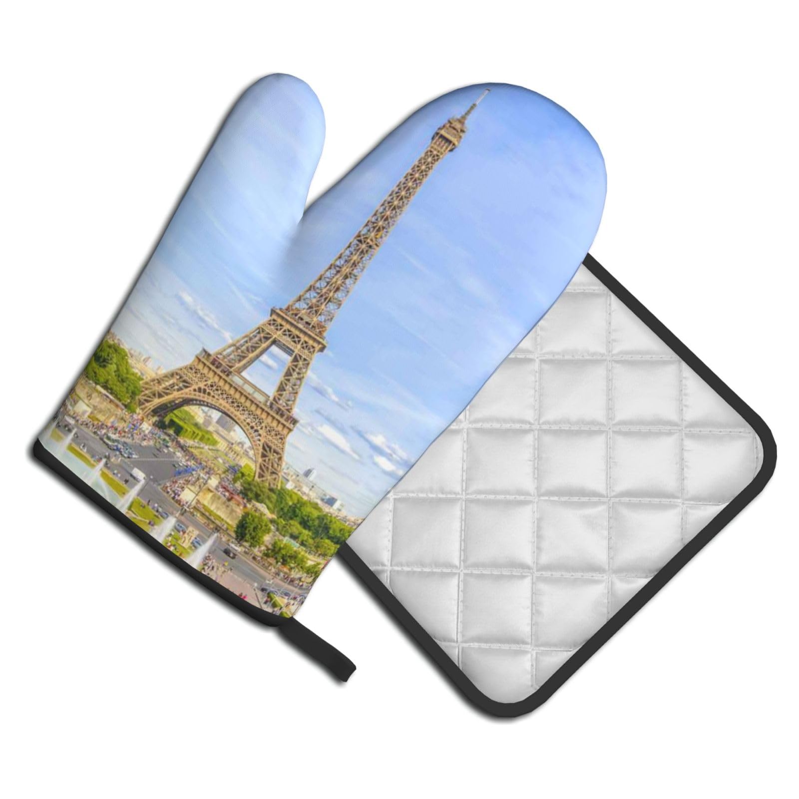 Oven Mitts and Pot Holders Set of 2 Pcs, Tower Paris Printed Heat Resistant Kitchen Gloves Potholders for Cooking Baking Grilling