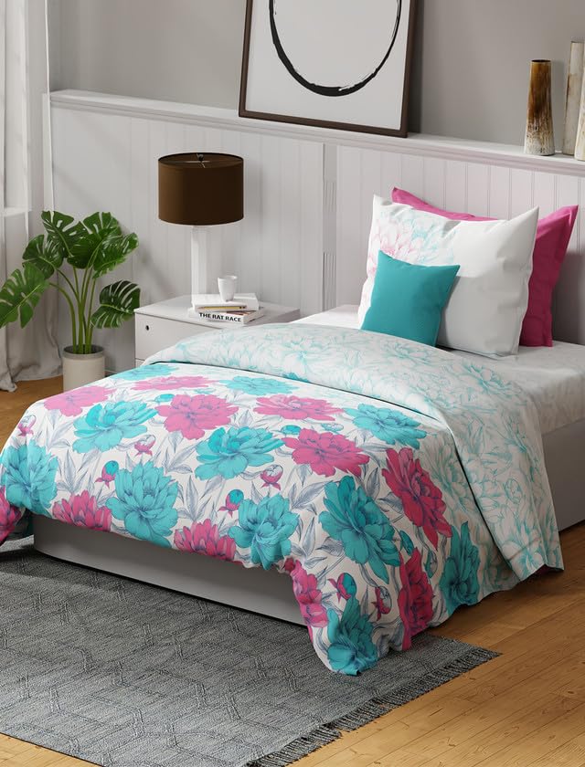 Image of United Colors of Benetton Rainbow White Floral Cotton Single Bedsheet with 1 Pillow Cover | Skin-Friendly 144 TC Bedding Set | Soft & Breathable Bed Linen | 90 x 60 Inches