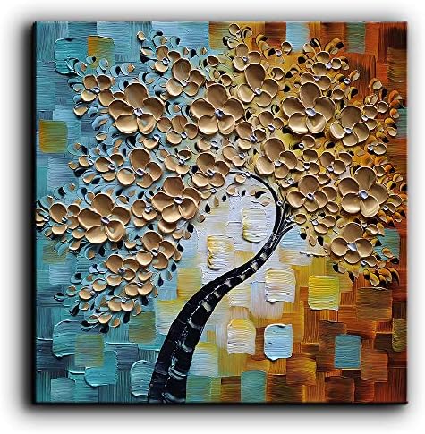 Tyed Art-3D Abstract Art Paintings, Oil Paintings On Canvas Golden Flower Tree Paintings Hand-Painted Abstract Artwork Canvas Wall Art Paintings Modern Home Decor Painting 30x30inch