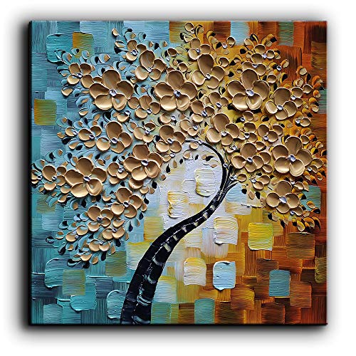 Tyed Art-3D Abstract Art Paintings, Oil Paintings On Canvas Golden Flower Tree Paintings Hand-Painted Abstract Artwork Canvas Wall Art Paintings Modern Home Decor Painting 30x30inch