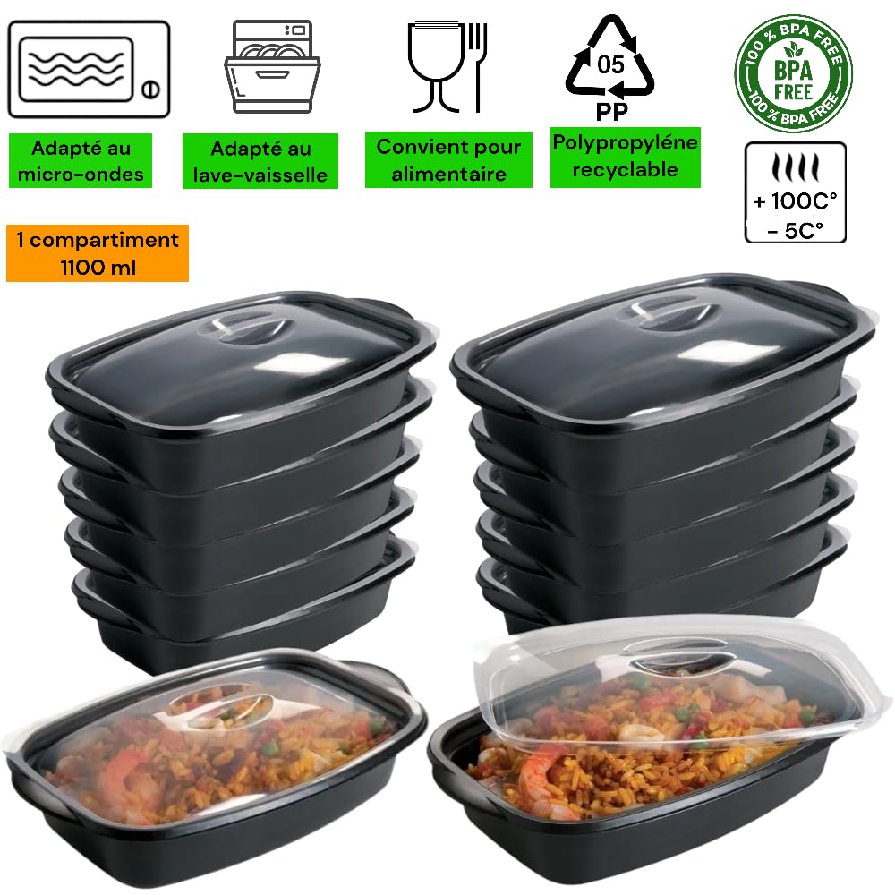 EURO DECO Barquette en Plastique, Contenants de Meal Réutilisables 1000 ml – Lot de 50 boite,1Compartiment, Couvercles Hermétiques Anti-Fuite – Compatibles Micro-ondes et Lave-Vaisselle, Idéales pour