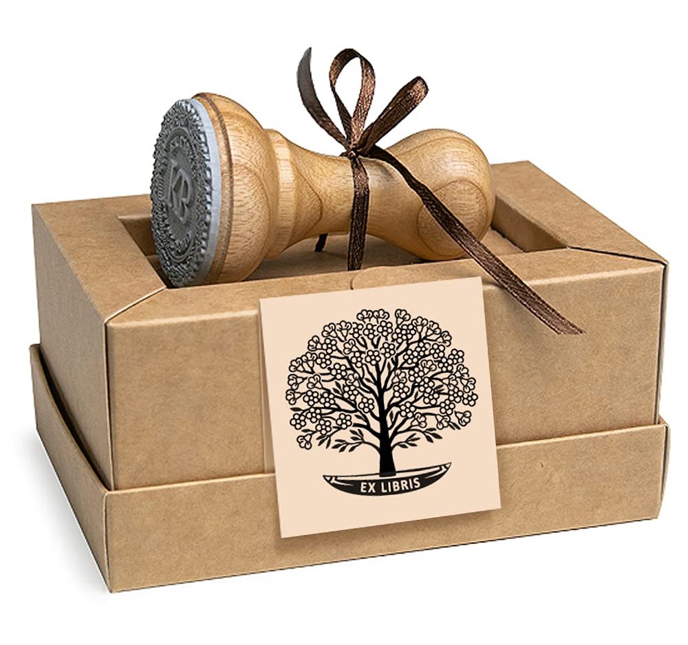 Ex libris Timbro Albero della Vita Ciliegio Fiore Primavera in Barca, Legno Rotondo 37mm, Scatole Regalo