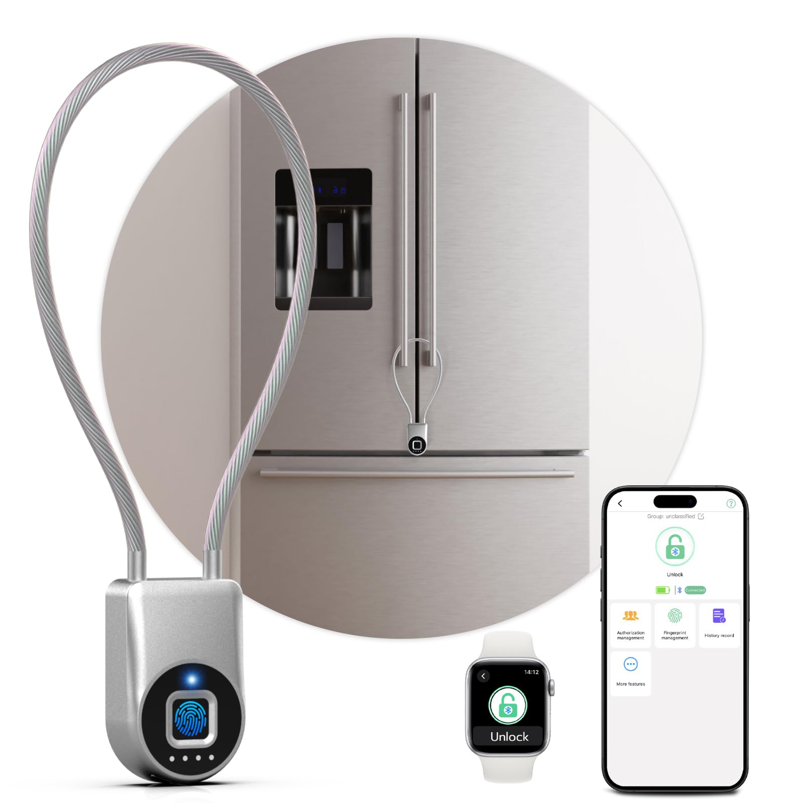 Câble antivol à empreintes digitales avec anse longue épaisse de 15,2 cm - Cadenas Bluetooth biométrique biométrique intelligent pour extérieur - Étanche - Pour portail, clôture,