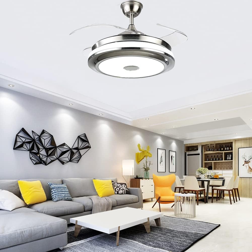 MORE CHANGE 36" Retractable Ceiling Fans with Lights and Music Speaker,Modern Bluetooth LED Chandelier Fans for Dining Room wih Remote Control 3 Speeds 3 Color Changes Lighting Fixtures for Living