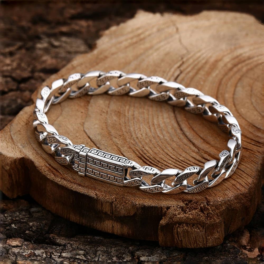 ForFox Pulsera de cadena cubana de plata de ley 925 pulsera de cadena barbada con diseño de llave griega para hombre 9mm 18/20cm