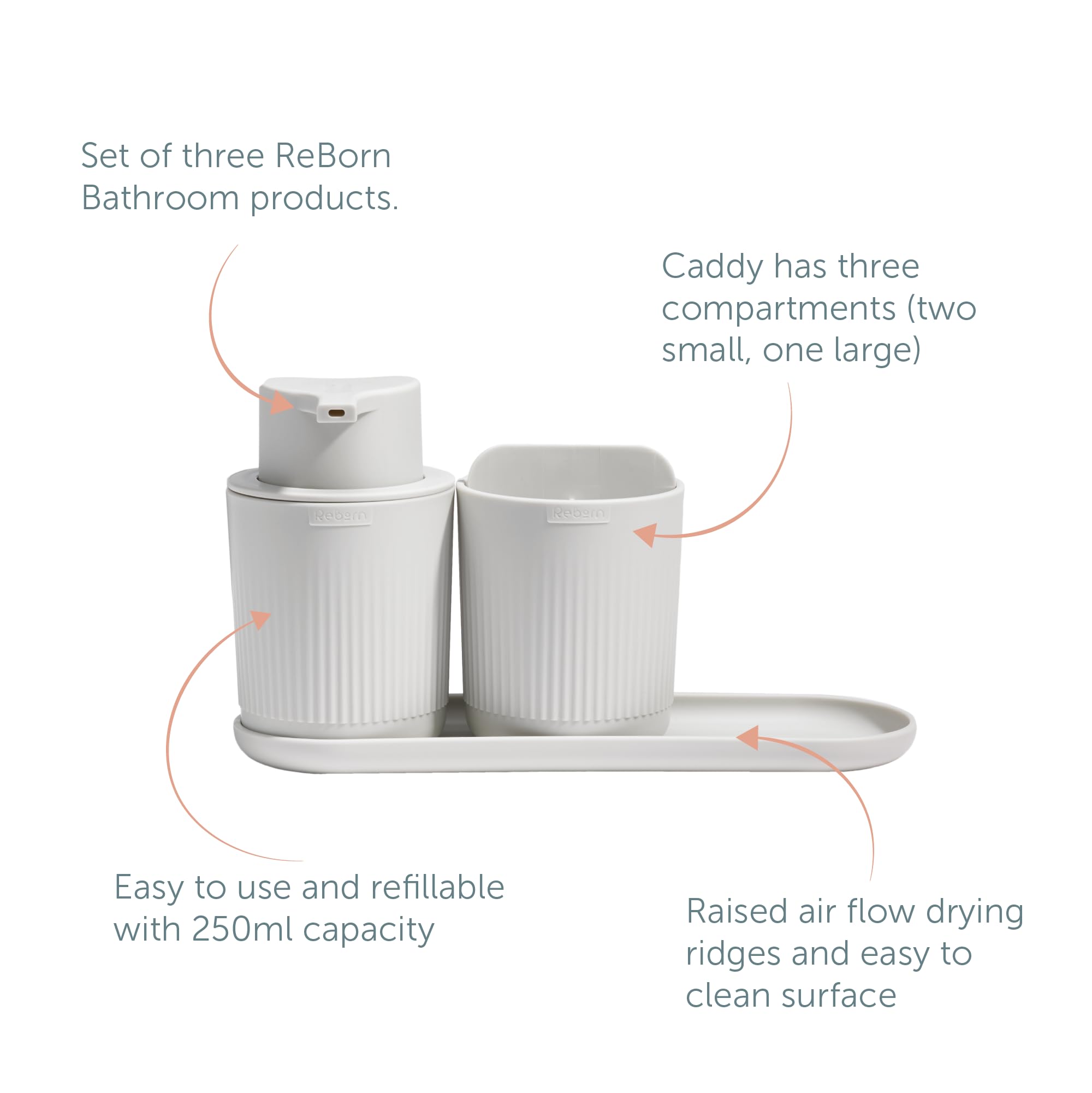 ReBorn Juego de baño reciclado, soporte para cepillo de dientes, dispensador de jabón y bandeja de baño en un paquete, fácil de limpiar con piezas extraíbles, fabricado en Gran Bretaña con materiales