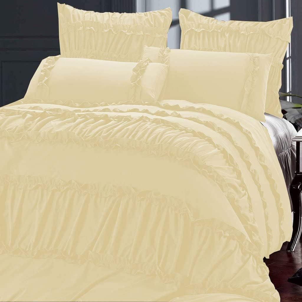 More Beautiful Ruffled Gathered with Frill Duvet Cover Hidden Zipper Closure 3 Pcs 600 TC 100% Cotton Oversized King Solid Beige