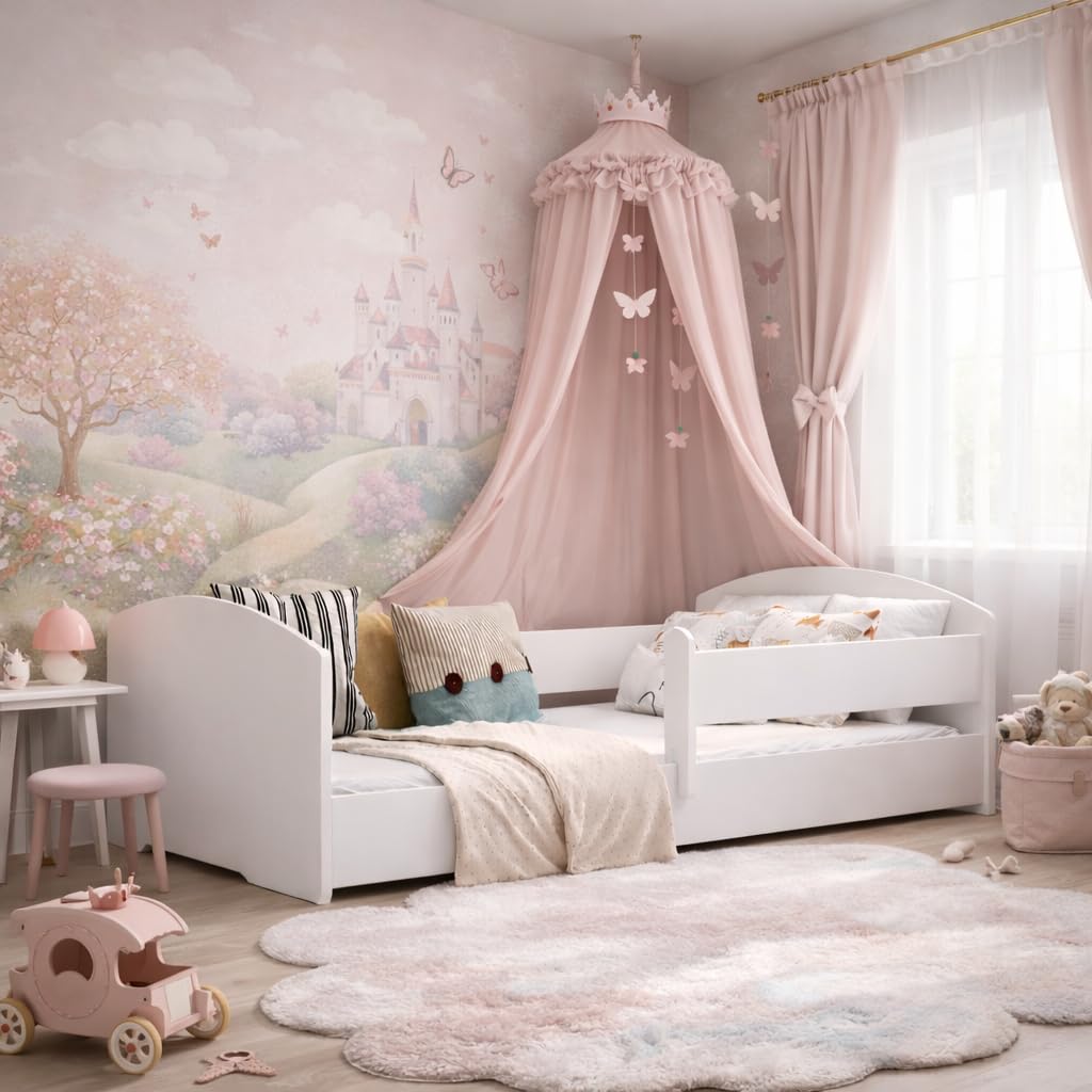 KOBI Letto Montessori LEO 160x80 con materasso: un letto per bambini moderno, sicuro e molto comodo, struttura robusta, elegante stile scandinavo, finitura bianca di alta qualità di prima classe