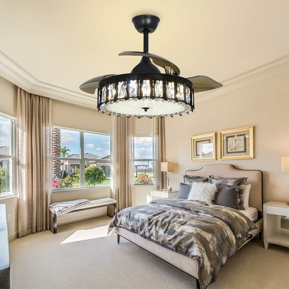 Depuley 36W Crystal Ceiling Fan with Lights, Industrial Ceiling Fan with Remote, 42" Black Ceiling Fans Light Fixture 3-Blade Retractable LED Fan Chandelier for Living Room, 3 Color Changeable, Timing
