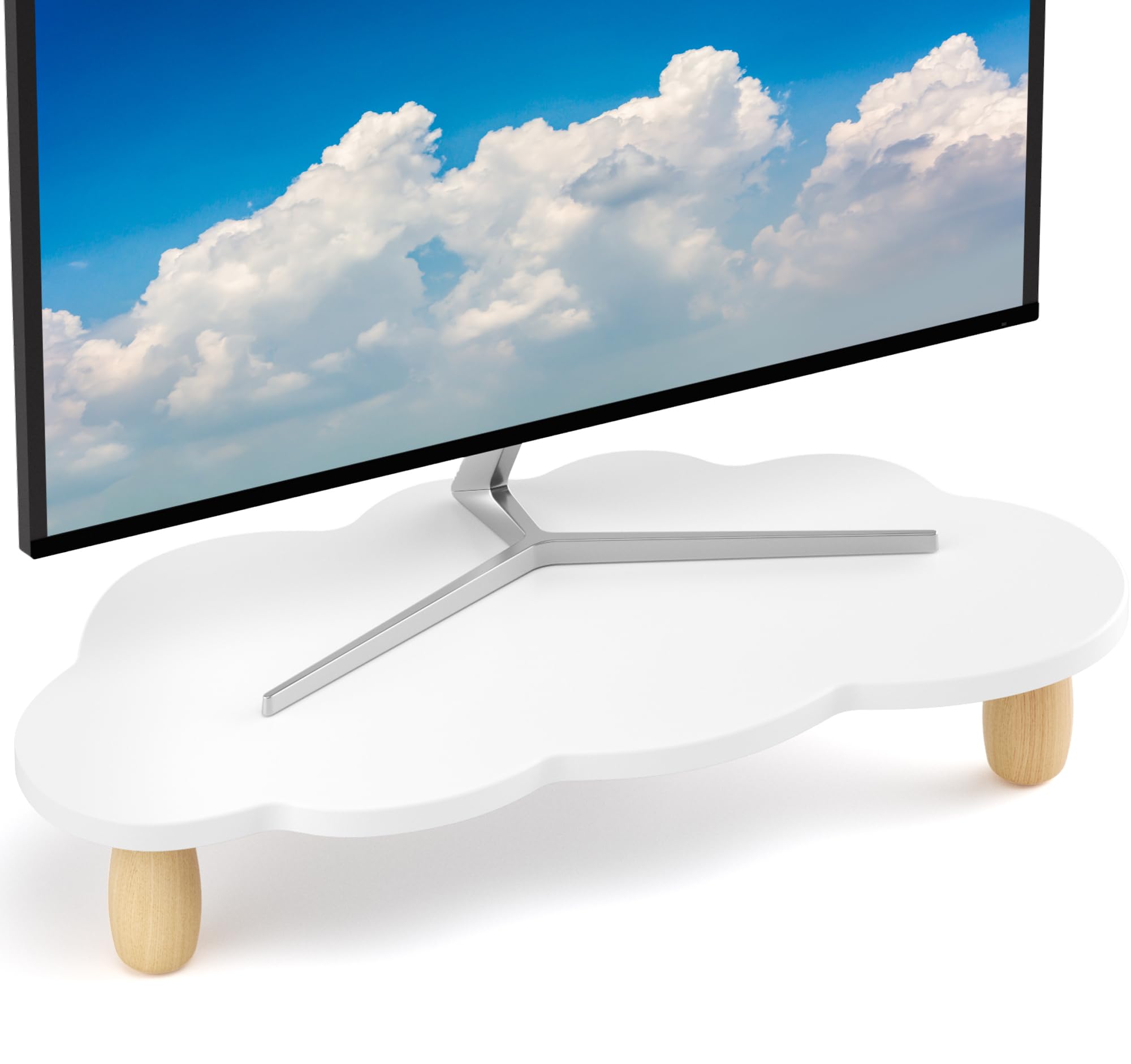 AFOOYO Monitor Stand Riser,Cloud-Shaped Sturdy Wood Computer Monitor Riser, Laptop Monitor Stand, Multi-Purpose Desktop Organizer Riser for Computer, Laptop, Printer, TV,White