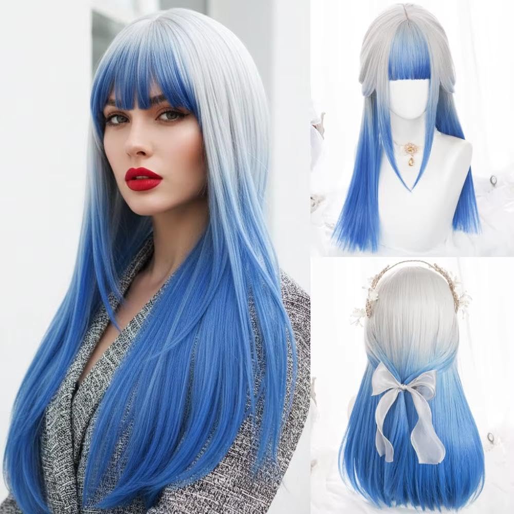 Haarpflege Hitzebeständige Blaue Lange Gerade Damenperücke Mit Pony Für Die Tägliche Cosplay-Party