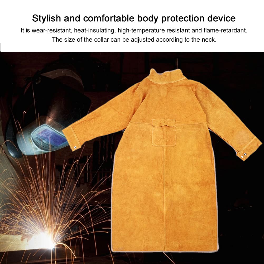 Delantal de soldadura de cuero con manga, Delantal de cuero de vaca para soldador para hombres y mujeres, Chaqueta de soldadura resistente, con mangas y cuello, Delantal de