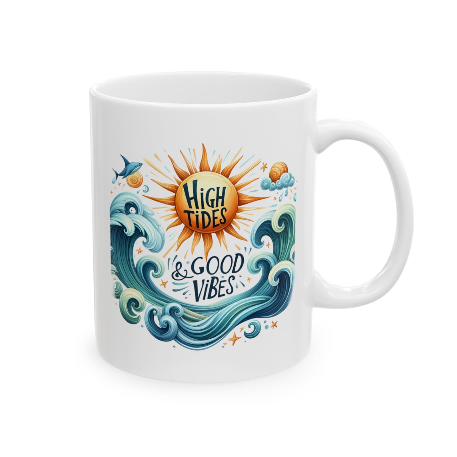 Summer Beach Mug High Tides Good Vibes Sunshine Waves Beach Lover Coffee Tea Cup Printed Coffee and Tea Ceramic Mug- 320 ML Ceramic Coffee Mug 0642