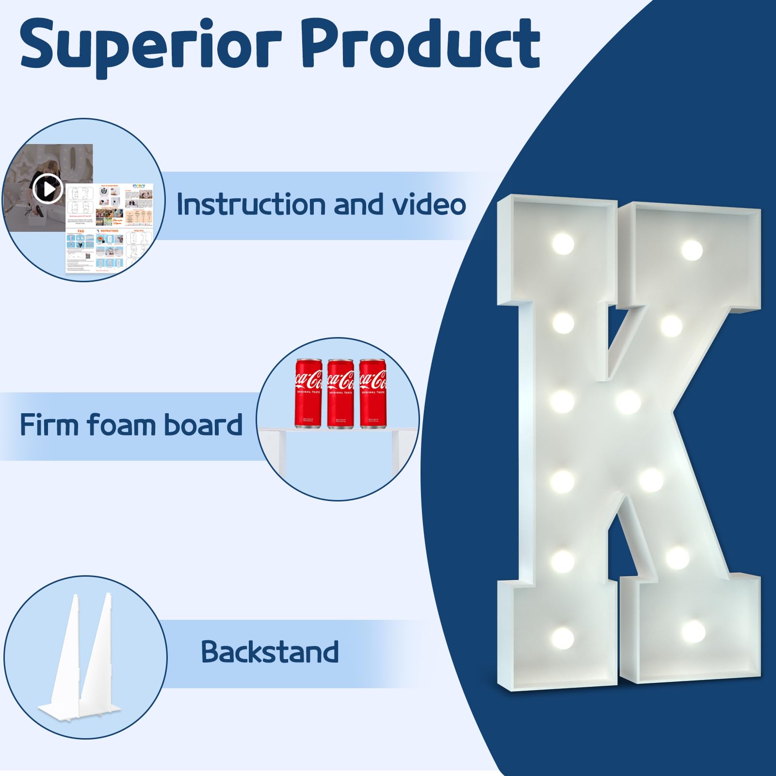 imprsv 4FT Marquee Light Up Letters, Cool White Light Up Letters K, Big Marquee Letters for Party Decorations, Light Up Foam Letters, Giant Letters for Events, Birthday Wedding Decor