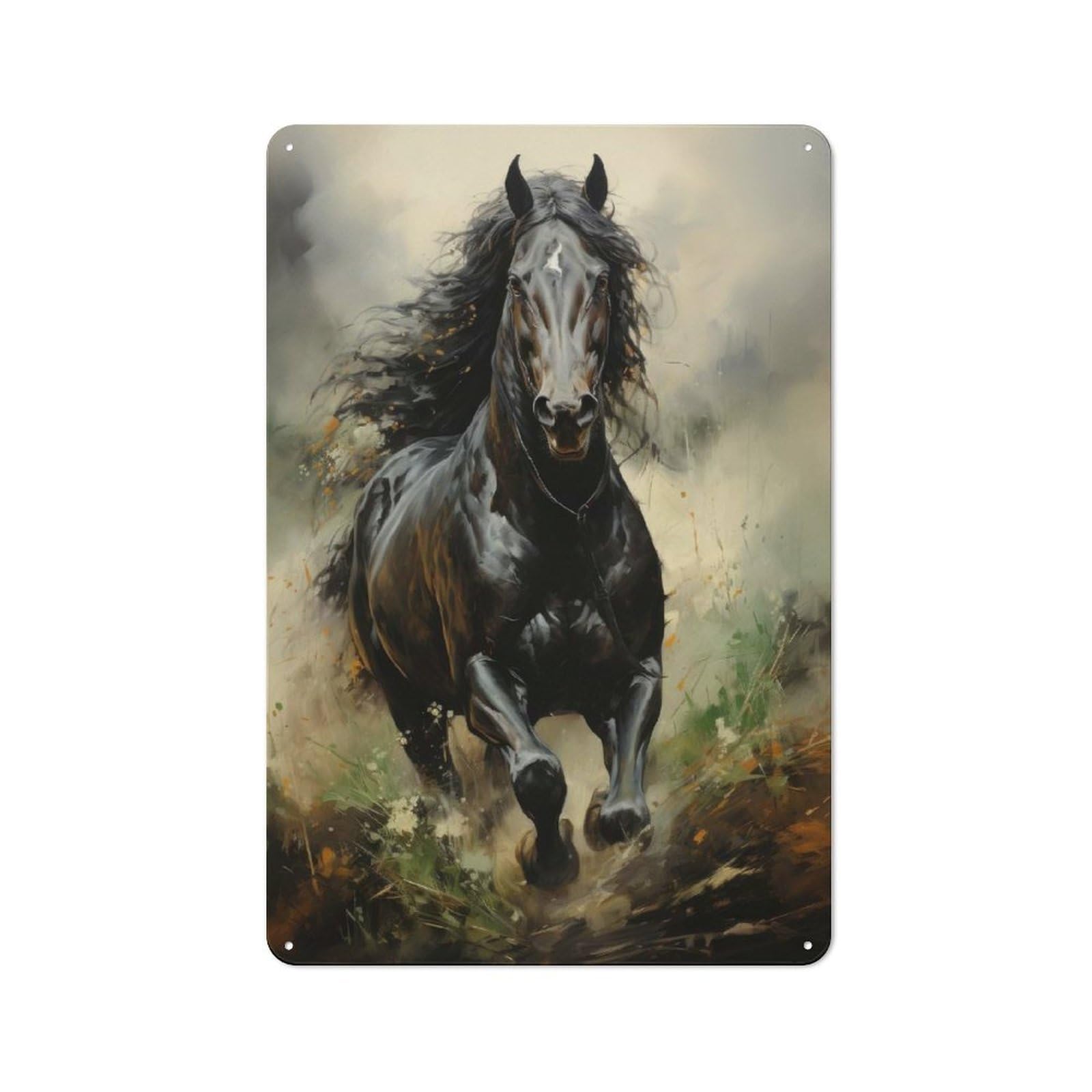 Junmoney Running Friesian Horse Decorative Metal Plaque 30X20cm, Garage Style Shed Wall Plaque For Workshop, Basement, Shed Or Games Room