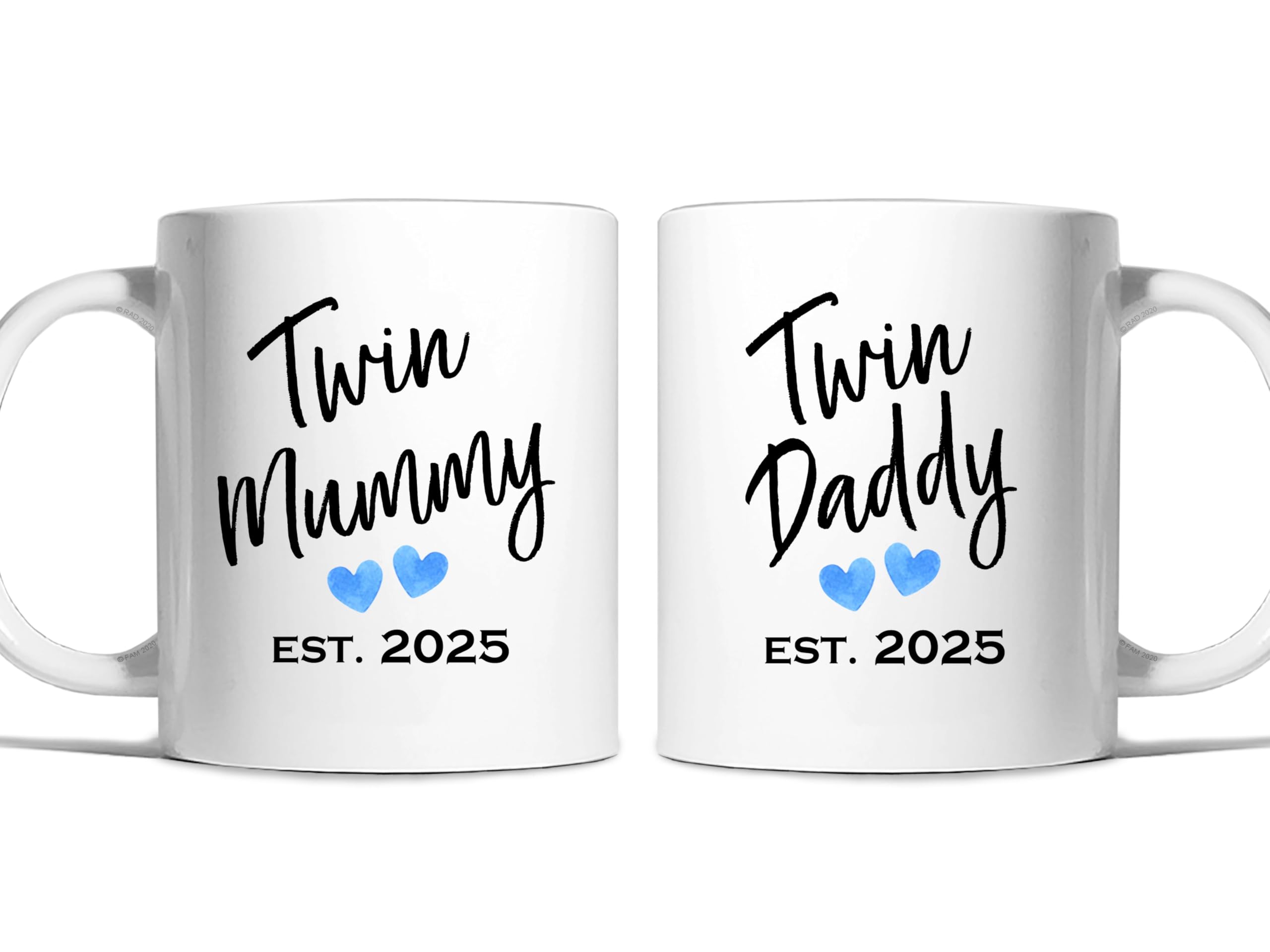 Risk-A Designs Twin Mummy and Daddy Blue Hearts 2025 Mug Set - Mummy and Daddy Gift Set; Pregnancy Reveal; New Mum and New dad Set of Mugs; New Parents Gift; Gift for First time Parents