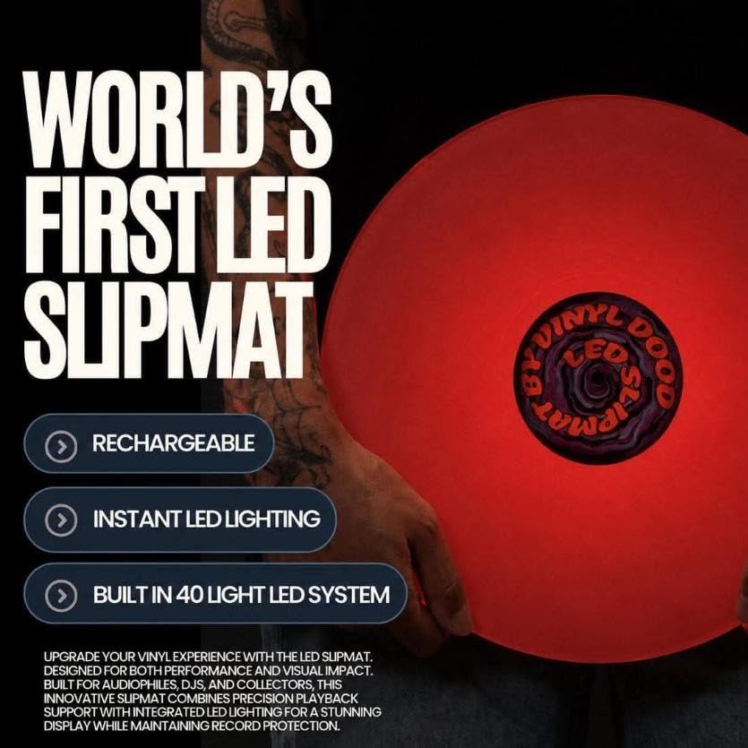 Image of The World's first LED Slipmat for Turntables by Vinyl Dood. PATENT PENDING. Acrylic, Dynamic LED Patterns, Multiple Colors, Fully portable, Rechargeable, Remote Included
