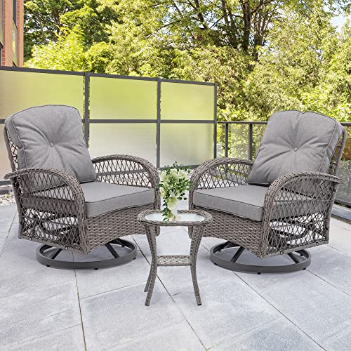 Villeston Swivel Patio Chairs, Outdoor Rocker Table And Chairs 3 Piece Bistro Set 360° Rattan Wicker Front Porch Furniture With Cushions Outside #TOP6