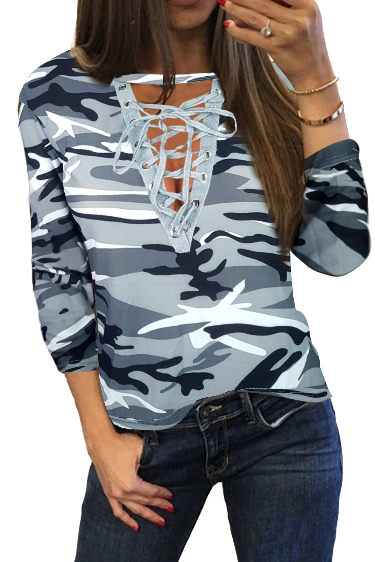 Bincout Meerore Womens Sexy Tshirt Leopard Camouflage Print Long Sleeve Blouse Top Gray XL