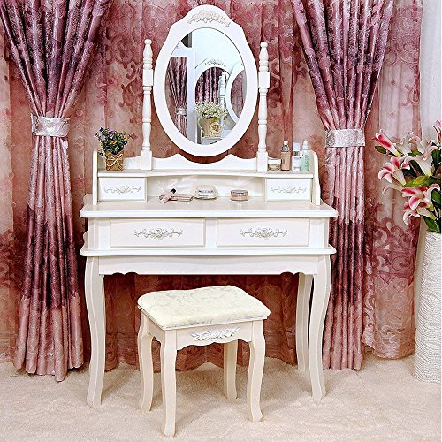 Bedroom Furniture Mirrored Concise Graceful Stylish in Appearance White Vanity Makeup Dressing Table Set w/Stool 4 Drawer&Mirror Jewelry Wood Desk