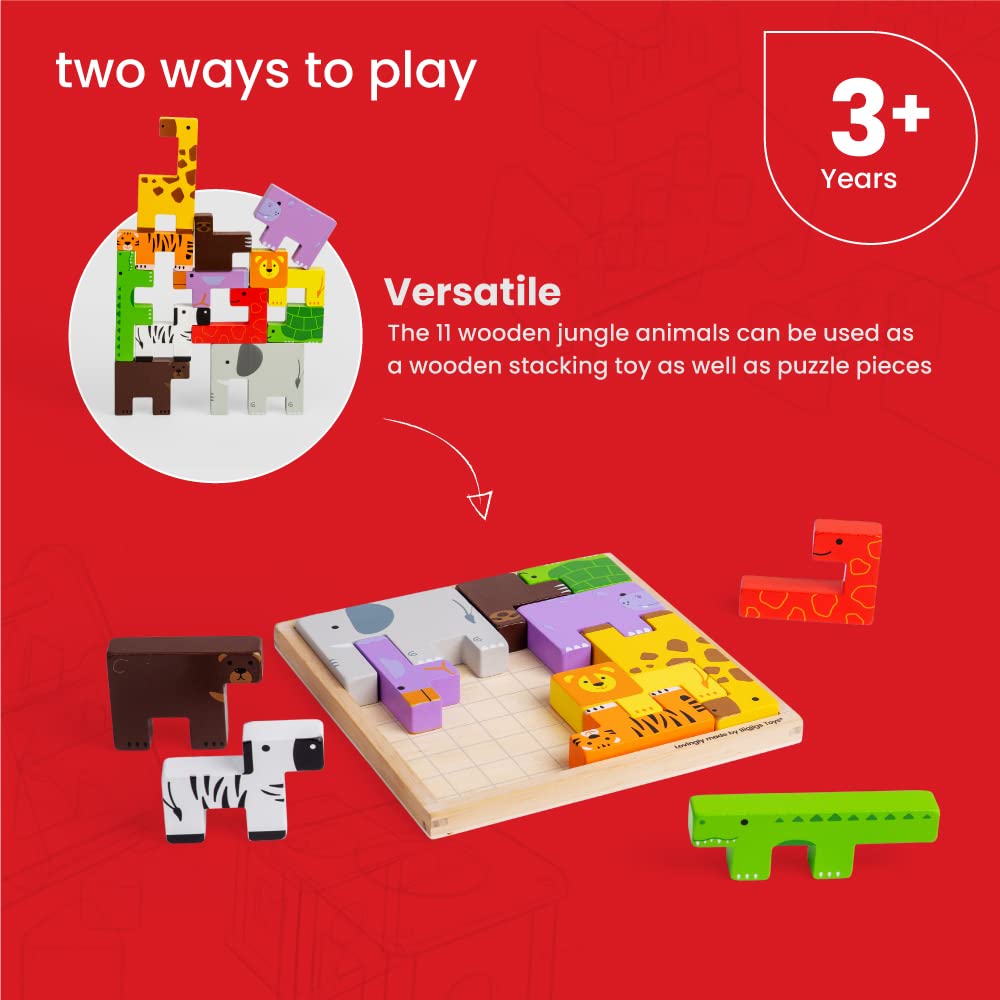 Bigjigs Toys Animal Lock-a-Block Puzzle - 11 szt. Puzzle Building Block & Stacking Animals Toy in One, Puzzle Games for 3, 4, 5 Year olds, Tangram Puzzle dla dzieci